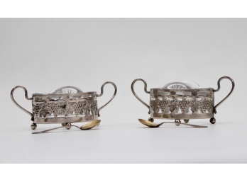 Antique Pair Of Pierced Grape And Leaf Design Silver Open Salts With Etched Glass Inserts And Spoons