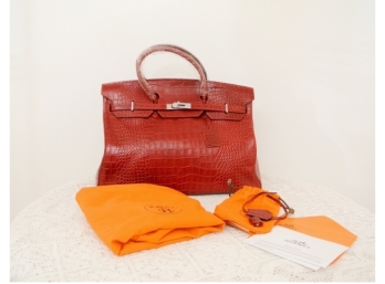 Exceptionally Good Hermes STYLE Birkin Handbag - Red Embossed Crocodile Pattern Leather