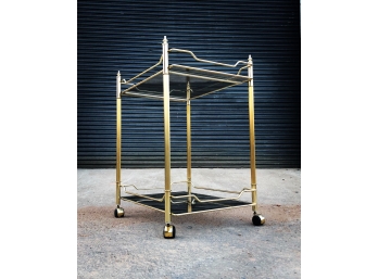 Mid Century Modern Brass-Colored Bar Cart With Smoked Glass Shelves