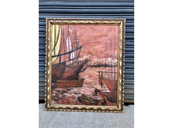 Vintage Original Oil On Canvas Harbor Scene Signed Manya