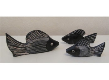Three Stone Carved Fish, Signed