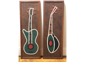 Large Pair Mid Century Guitar And Mandolin Bead And Tile Mosaic Wall Hangings