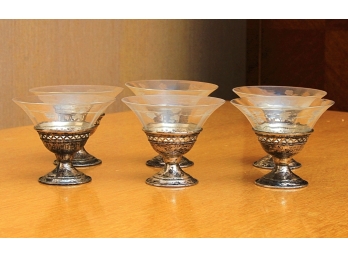 Six Sterling Silver & Etched Glass Compotes -  3.120 TOZ