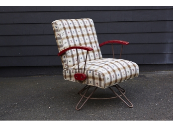 1940's Tilt & Swivel Arm Chair On An Iron Base With Red Armrests