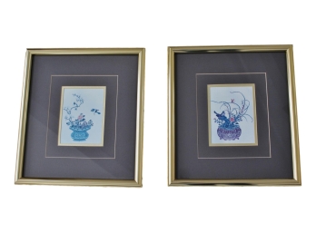 Signed Floral Pot Pictures With Dragonflies And Birds