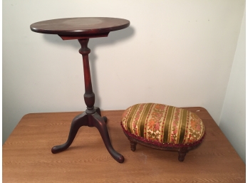 Antique Mahogany Chippendale Style Tilt Top Pedestal Table And Antique Covered Wooden Footrest