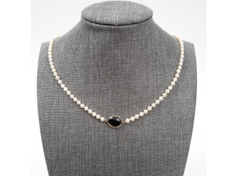 Genuine Pearl And Black Onyx Pendant 14k Necklace