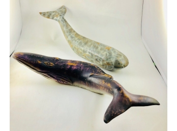 Vintage Pair Of Hand Carved And Painted Sperm Whales