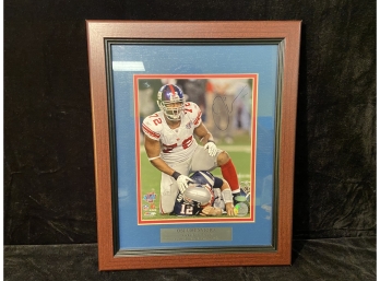 Osi Umenyiora Autographed Color Photo 'Osi Umenyiora Sacks Tom Brady' Super Bowl XLII With COA