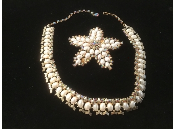 Beautiful Coro Rhinestone And Pearl Matching Pin And Necklace Set
