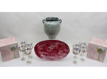 Pottery Vase, Platter And Hand Painted Goblets