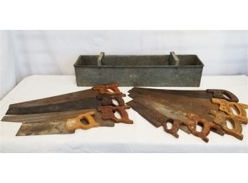 Vintage Open Metal Saw Tool Box & Nine Antique/vintage Hand Saws: Disston, Dunlap & More