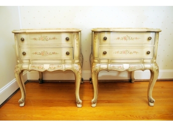 Pair French Two Drawer Marble Top Night Stands With Handpainted Decoration
