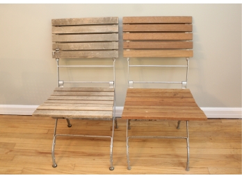 Set Of Two Vintage Slotted Wood And Aluminum Folding Chairs