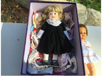 Anne Geddes Storage Box And Three Vintage Dolls With Accessories
