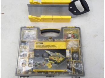 Stanley Pro Organizer Box Full Of Assorted Screws And Back Saw With Miter