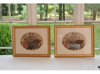 Two Floral Needlepoints In Giltwood Frames
