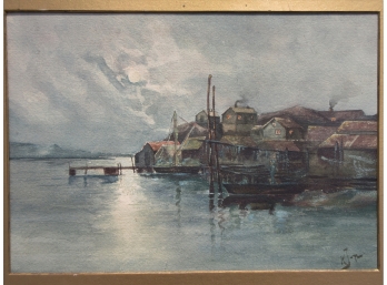 19th Century Watercolor Moonlight Fishing Village, Signed