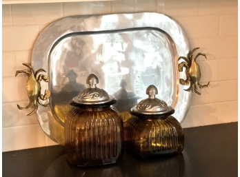 Brass And Pewter Serving Platter And Canisters