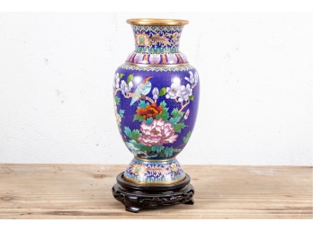 Chinese Cloisonne Baluster Form Vase With Wood Stand