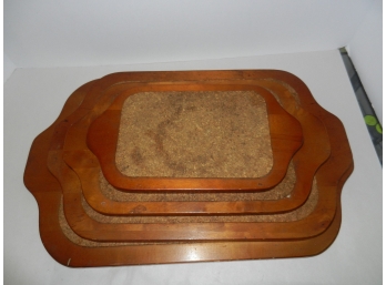 Set Of 4 Vintage Mid Century Modern Wood & Cork Oblong Hot Plates/Trivets-Made In Sweden
