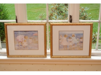 Pair Signed Helene Levrillee Prints Depicting Children At The Beach