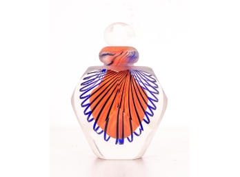 James Clarke Signed Orange & Blue Striped Art Glass Bottle With Stopper