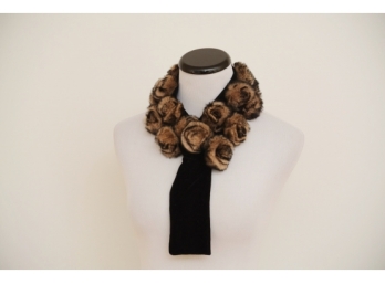 Black Velevt Scarf  With Applied Rabbit Fur Roses