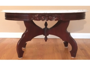 Antique Victorian Marble Top Mahogany Wooden Oval Coffee Table