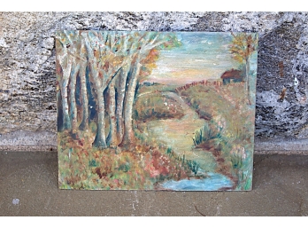 Oil On Artist Board Landscape With Stream