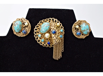 Openwork Pin & Matching Earrings Set With Semi Precious Stones