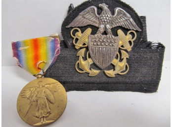 Sterling Silver US Navy Hat Emblem And World War Medal