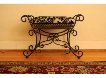 Scrolled Iron Bench Upholstered With Velvet Fabric