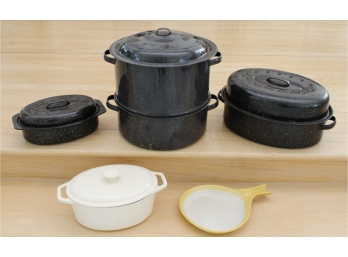 Black Enamelware Pots And Olive & Thyme Cast Iron Roaster