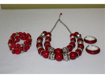 Red And Silver Necklace,  Bracelet And Earrings