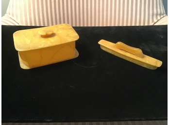 Vintage Celluloid Covered Vanity Box And Nail Buffer - Mustard Yellow