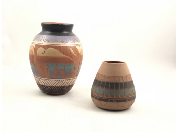 Pair Of Native American Hand Made Ceramic Vases Navajo