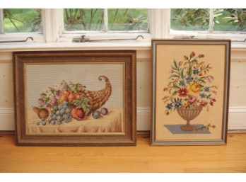 Two Framed Needlepoints - Floral Still Life And A Cornucopia