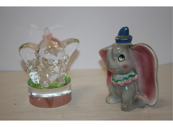 2 Walt Disney DUMBO Figures, Arribas Crystal & Vtg Painted Porcelain