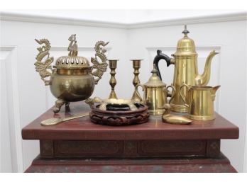 Collection Of Brass Tabletop Items And Brass Tea Set
