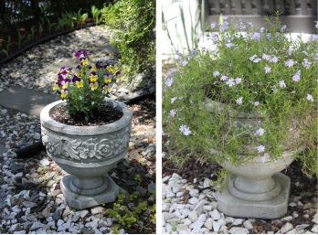 Pair Of Cement Flower Pots Urns With Flowers - Stands 12' Tall