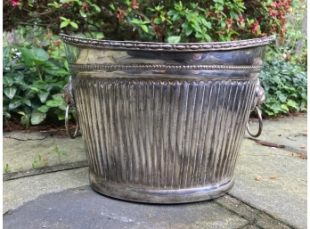 Great Looking Oval Silverplated Ice Bucket With Ringed Lion Head Handles.