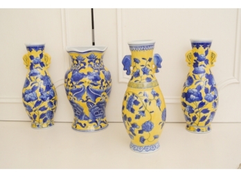 Four Decorative Yellow And Blue Ceramic Vall Vases