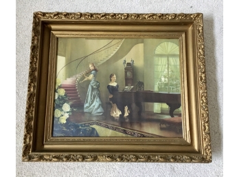 2 Ladies & Piano Print In Gold Wood Frame