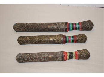 3 Antique Turkish Ottoman Daggers W/Ornate Brass Sheaths & Handles