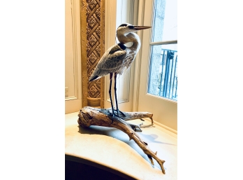 Tall Carved Snowy Taxidermy Egret Heron Perched Upon Branch Stand