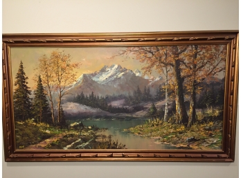 Oil On Canvas Signed Mav: Forest With Lake And Mountains