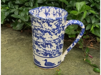 Tall Blue Spattered Decorated Pitcher With Ducks