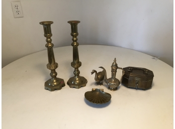 Heavy Brass Candleholders And Other Brass Lot