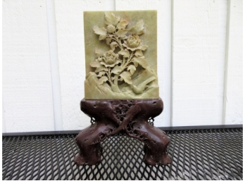 Vintage Chinese Carved Soapstone Tablet & Stand